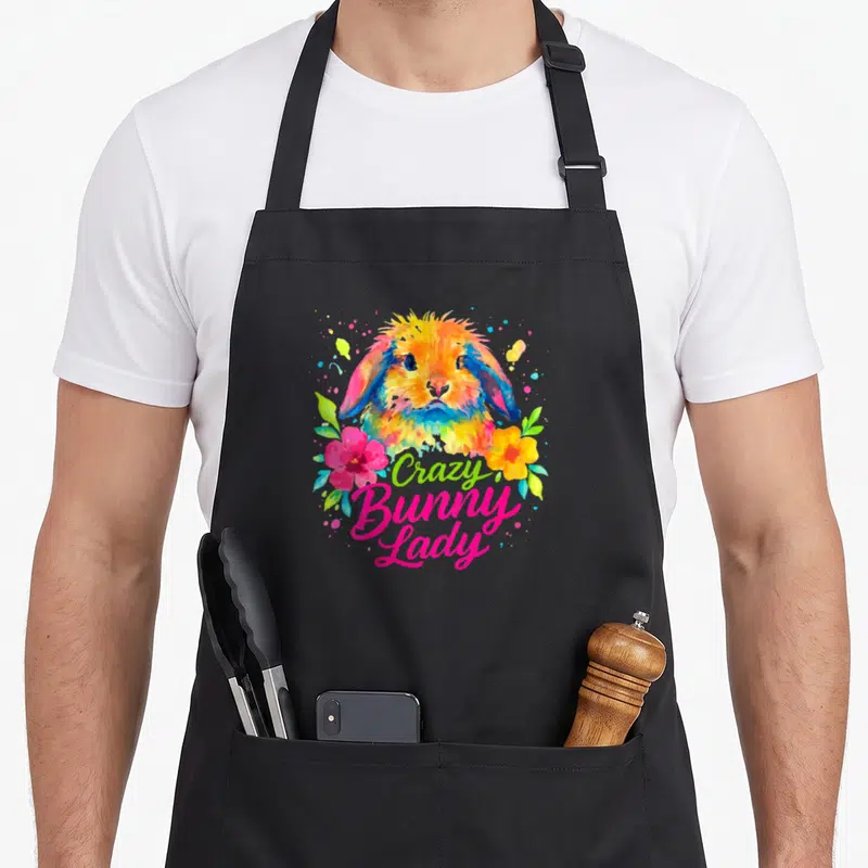 Funny rabbit bunny apron for grilling - Multicolored watercolor bunny head with flowers and stacked Crazy Bunny Lady — shown on a black cotton canvas apron against a white background