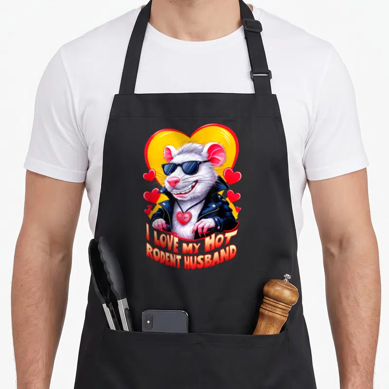 Rodent husband apron - Cartoon rat in sunglasses and jacket before yellow heart with curved text — shown on a black cotton canvas apron against a white background