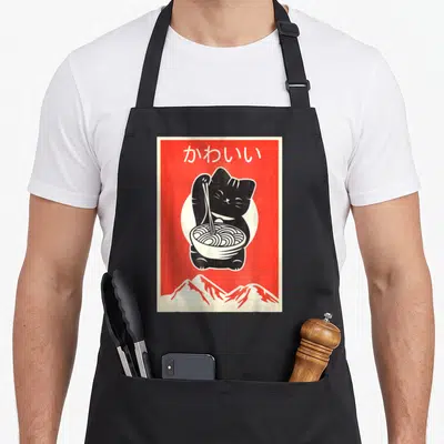 Japanese kawaii aprons - Retro black cat holding noodle bowl in front of white circle with Japanese text and red — shown on a black cotton canvas apron against a white background