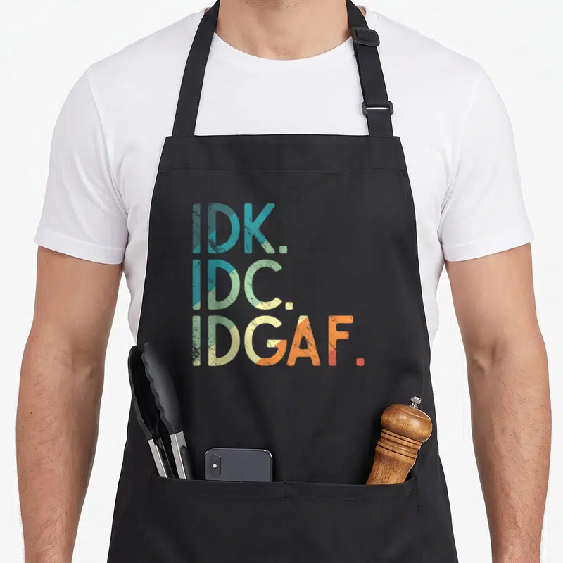 Sarcasm idgaf apron - Stacked IDK IDC IDGAF text in distressed blue teal yellow and orange gradients — shown on a black cotton canvas apron against a white background