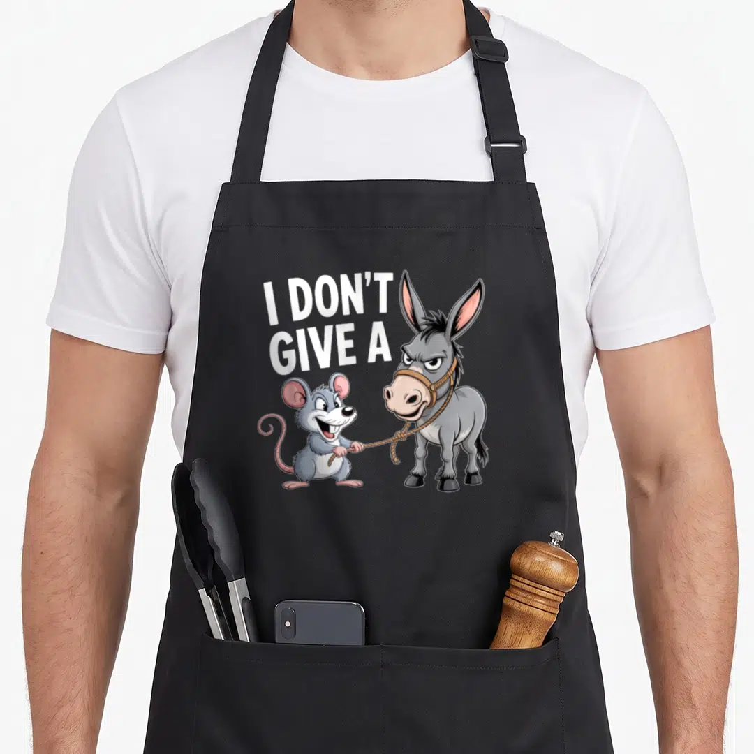 Give Animal Apron Featuring a Cartoon Mouse Leading a Donkey