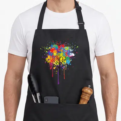 Tree drip apron - Black tree silhouette with multicolored paint splatters and drips in red, blue, yellow, green, purple — shown on a black cotton canvas apron against a white background