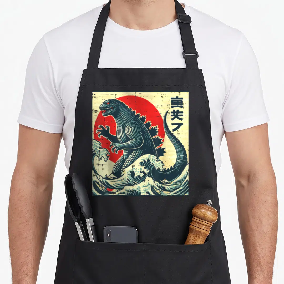 Monster wave apron - Retro kaiju illustration with red sun, blue waves, and vertical Japanese text on cream background — shown on a black cotton canvas apron against a white background