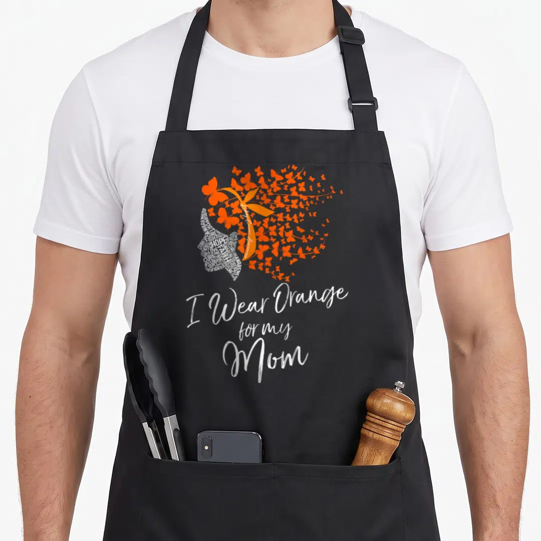 Cute cancer kidney disease awareness apron - Orange butterflies and ribbon with white text cloud and script reading I — shown on a black cotton canvas apron against a white background