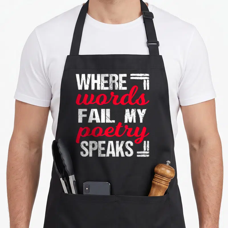Reading poet apron - Stacked white and red text reading where words fail my poetry speaks with decorative lines — shown on a black cotton canvas apron against a white background