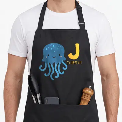 Alphabet jellyfish animal apron - Blue cartoon jellyfish next to yellow letter J and Jellyfish text — shown on a black cotton canvas apron against a white background