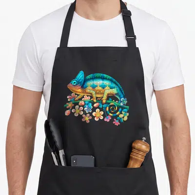 Chameleon colorful aprons - Patterned blue and turquoise chameleon on green branch with pink and yellow flowers — shown on a black cotton canvas apron against a white background