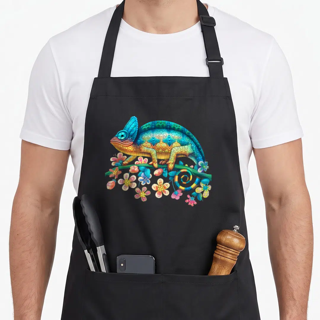 Chameleon colorful aprons - Patterned blue and turquoise chameleon on green branch with pink and yellow flowers — shown on a black cotton canvas apron against a white background