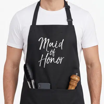Bridesmaid bridal apron - White Maid of Honor script text on black background — shown on a black cotton canvas apron against a white background