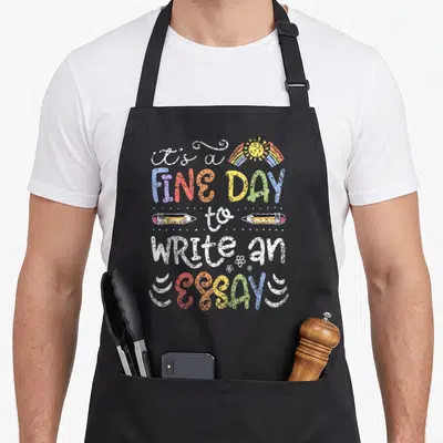 Fine english chef apron - Stacked text it's a FINE DAY to WRITE AN ESSAYS with rainbow sun and two pencils — shown on a black cotton canvas apron against a white background