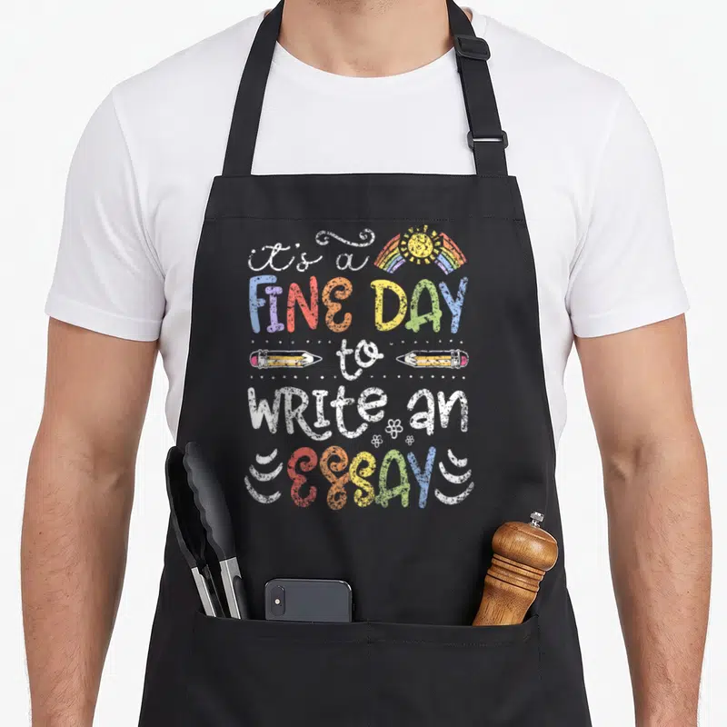 Fine english chef apron - Stacked text it's a FINE DAY to WRITE AN ESSAYS with rainbow sun and two pencils — shown on a black cotton canvas apron against a white background