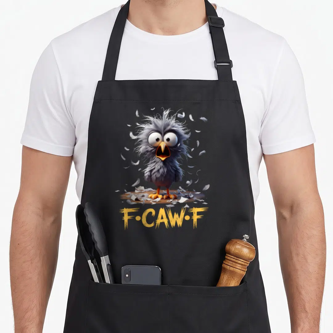 Cute cartoon apron - Grey cartoon bird above yellow F·CAW·F text with scattered white feathers on black background — shown on a black cotton canvas apron against a white background