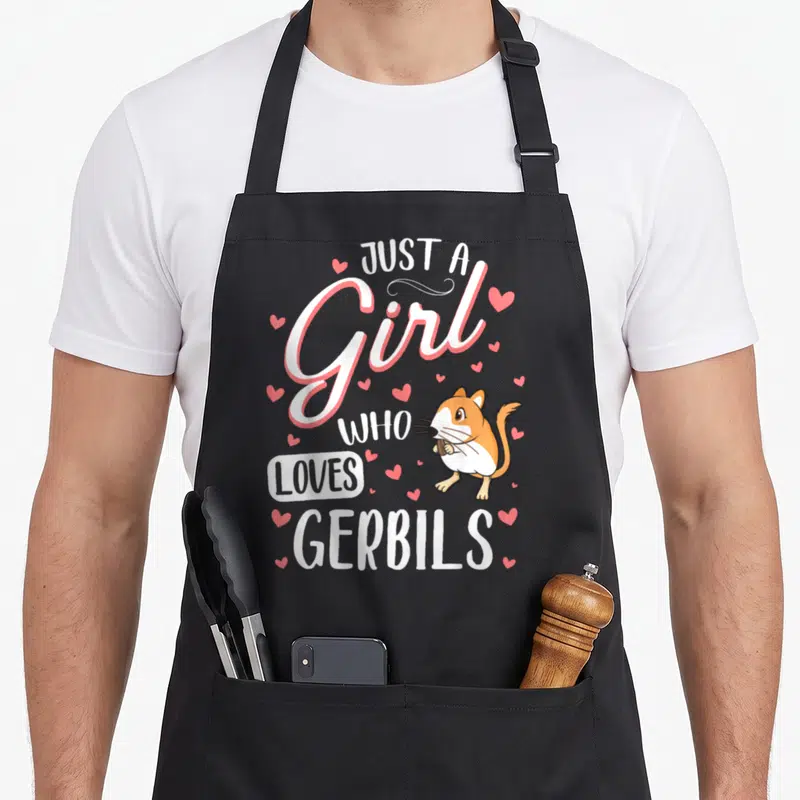 Vintage animal i love my gerbil apron - Stacked text Just A Girl Who Loves Gerbils with cartoon gerbil and pink hearts — shown on a black cotton canvas apron against a white background
