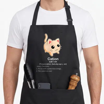 Botanist science apron - Peach cartoon cat above Cation dictionary definition with paws-itive charge text — shown on a black cotton canvas apron against a white background