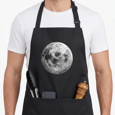 Moon science apron - Circular photo of full moon surface in grey, white, and black tones — shown on a black cotton canvas apron against a white background