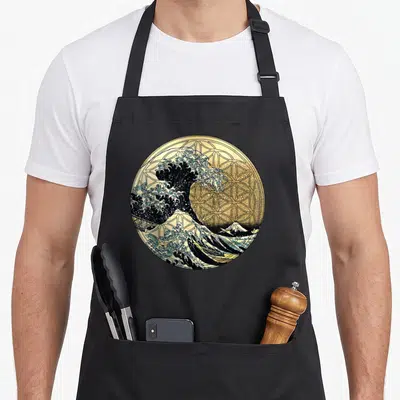 Flower production life apron - Circular Great Wave and Mount Fuji over gold flower of life geometric pattern — shown on a black cotton canvas apron against a white background