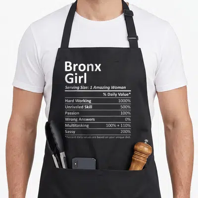 Bronx root new york apron - White typography on gray background formatted as a nutrition facts label listing Bronx Girl — shown on a black cotton canvas apron against a white background