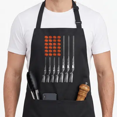 Trap shooting american flag apron - Orange bullet grid and white shotgun stripes forming a flag pattern — shown on a black cotton canvas apron against a white background