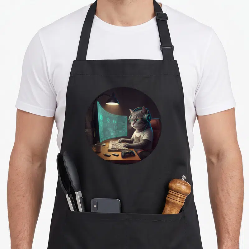 Computer cat apron - Grey cat with glasses and headphones at desk with glowing cyan monitor and gaming gear — shown on a black cotton canvas apron against a white background