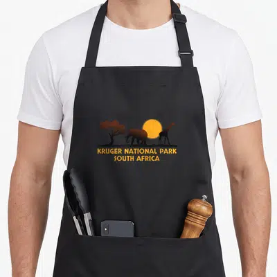 Kruger african grey apron - Minimalist silhouette of elephant giraffe and tree under orange sun with text KRUGER — shown on a black cotton canvas apron against a white background