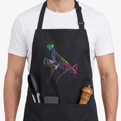 Praying colourful apron - Iridescent praying mantis in blue purple green yellow pink colors — shown on a black cotton canvas apron against a white background