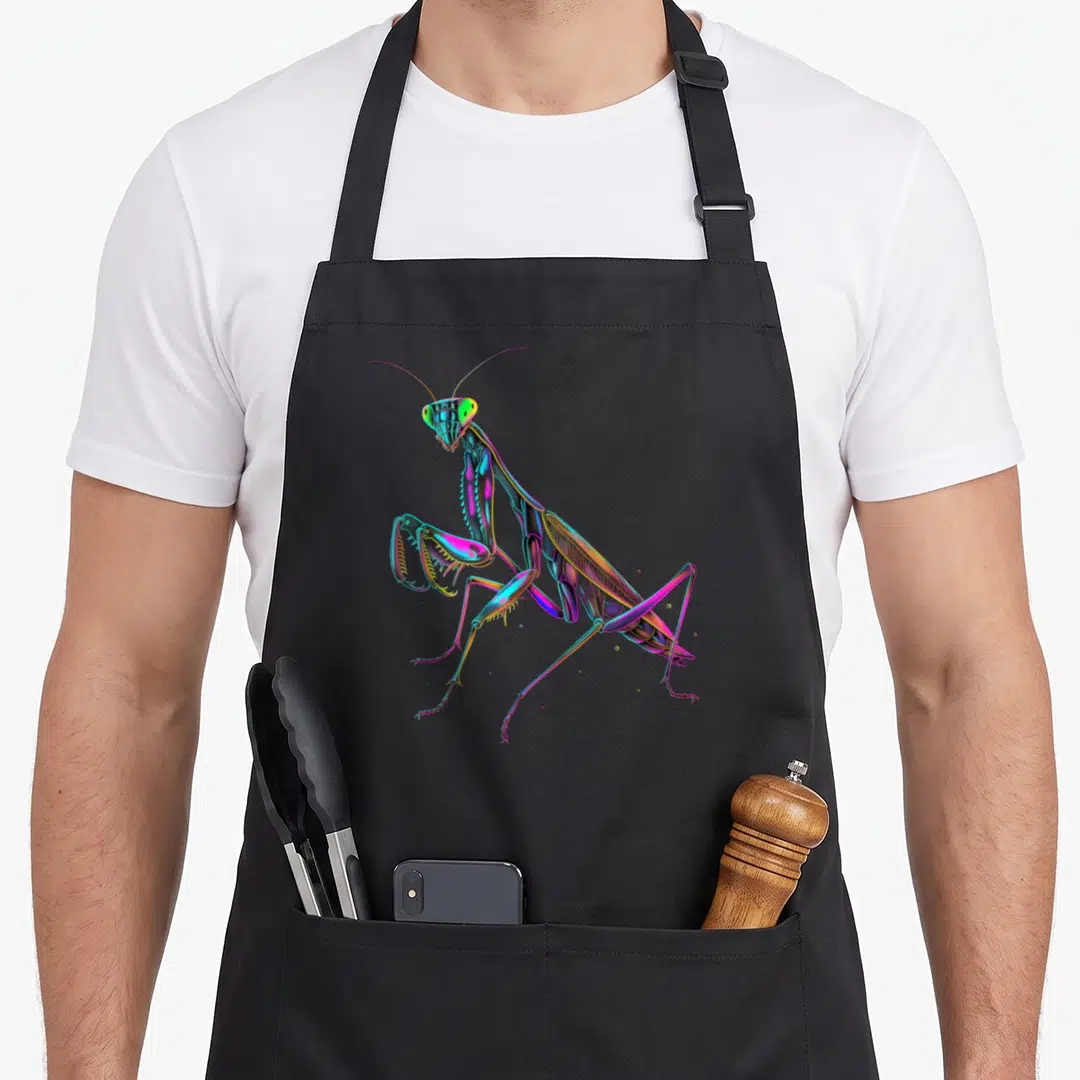 Praying colourful apron - Iridescent praying mantis in blue purple green yellow pink colors — shown on a black cotton canvas apron against a white background
