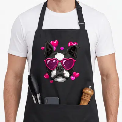 Boston valentine's day apron - Cartoon black and white dog wearing pink heart sunglasses surrounded by pink heart — shown on a black cotton canvas apron against a white background