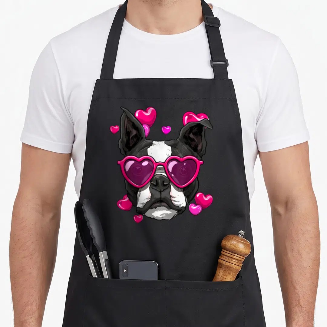 Boston valentine's day apron - Cartoon black and white dog wearing pink heart sunglasses surrounded by pink heart — shown on a black cotton canvas apron against a white background