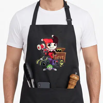 Friend vehicle apron - Harley Quinn cartoon holding mallet stepping over toys next to box labeled TOYS with Joker head — shown on a black cotton canvas apron against a white background