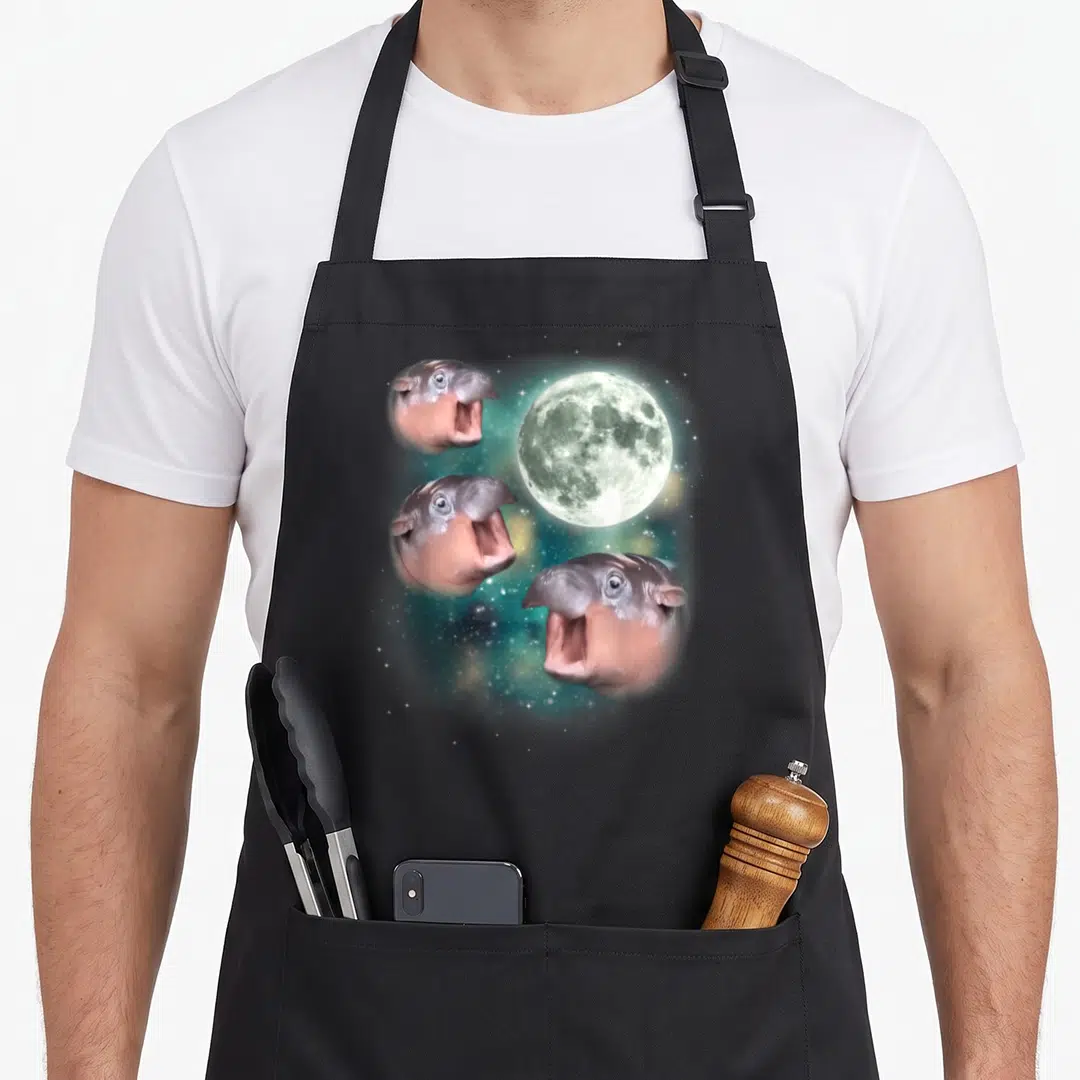 Moon meme apron - Three hippo heads surrounding a large moon in a starry space background with grey and blue nebula — shown on a black cotton canvas apron against a white background