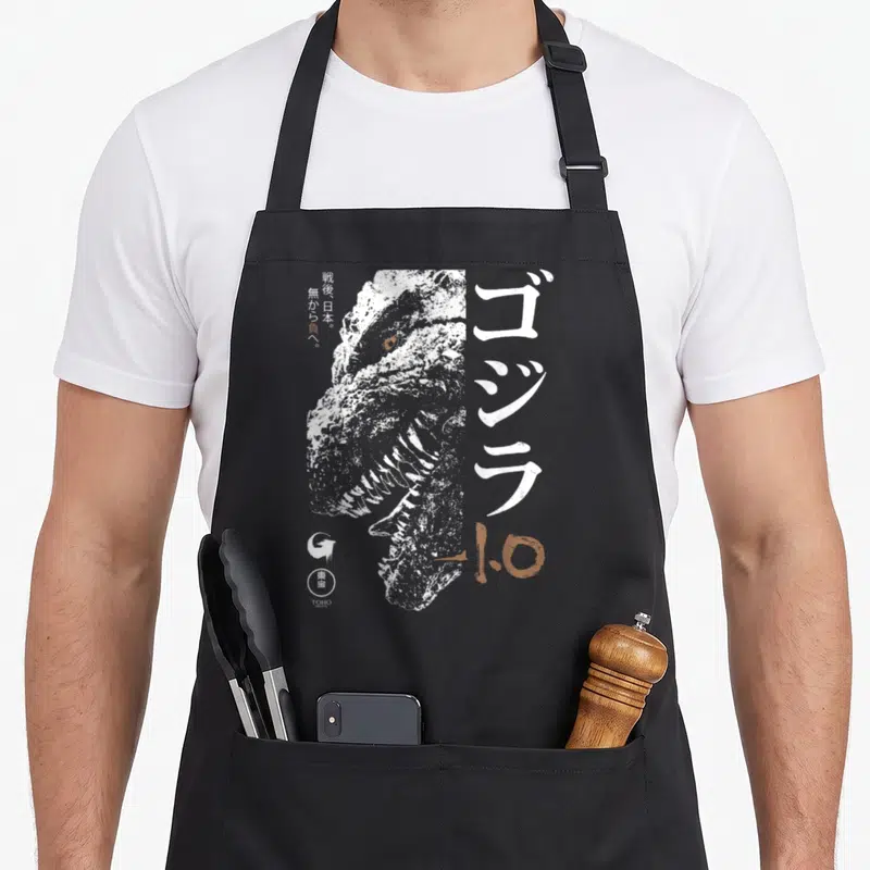 Movie face apron - Distressed white Godzilla head with brown accents and vertical Japanese text on black bib — shown on a black cotton canvas apron against a white background