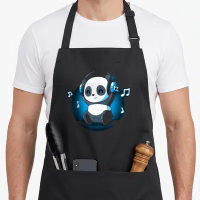 Headphone panda lady apron - Cartoon panda with blue headphones, skull detail, and musical notes on blue splash — shown on a black cotton canvas apron against a white background