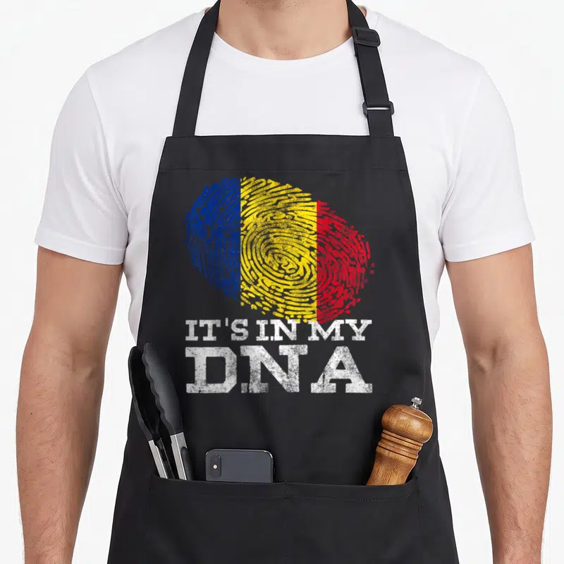 Dna romanian apron - Fingerprint graphic with blue yellow red stripes above IT'S IN MY DNA text — shown on a black cotton canvas apron against a white background