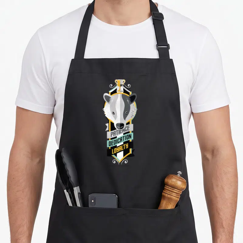Patience hufflepuff apron - Badger head over shield with three banners reading PATIENCE DEDICATION LOYALTY in grey — shown on a black cotton canvas apron against a white background