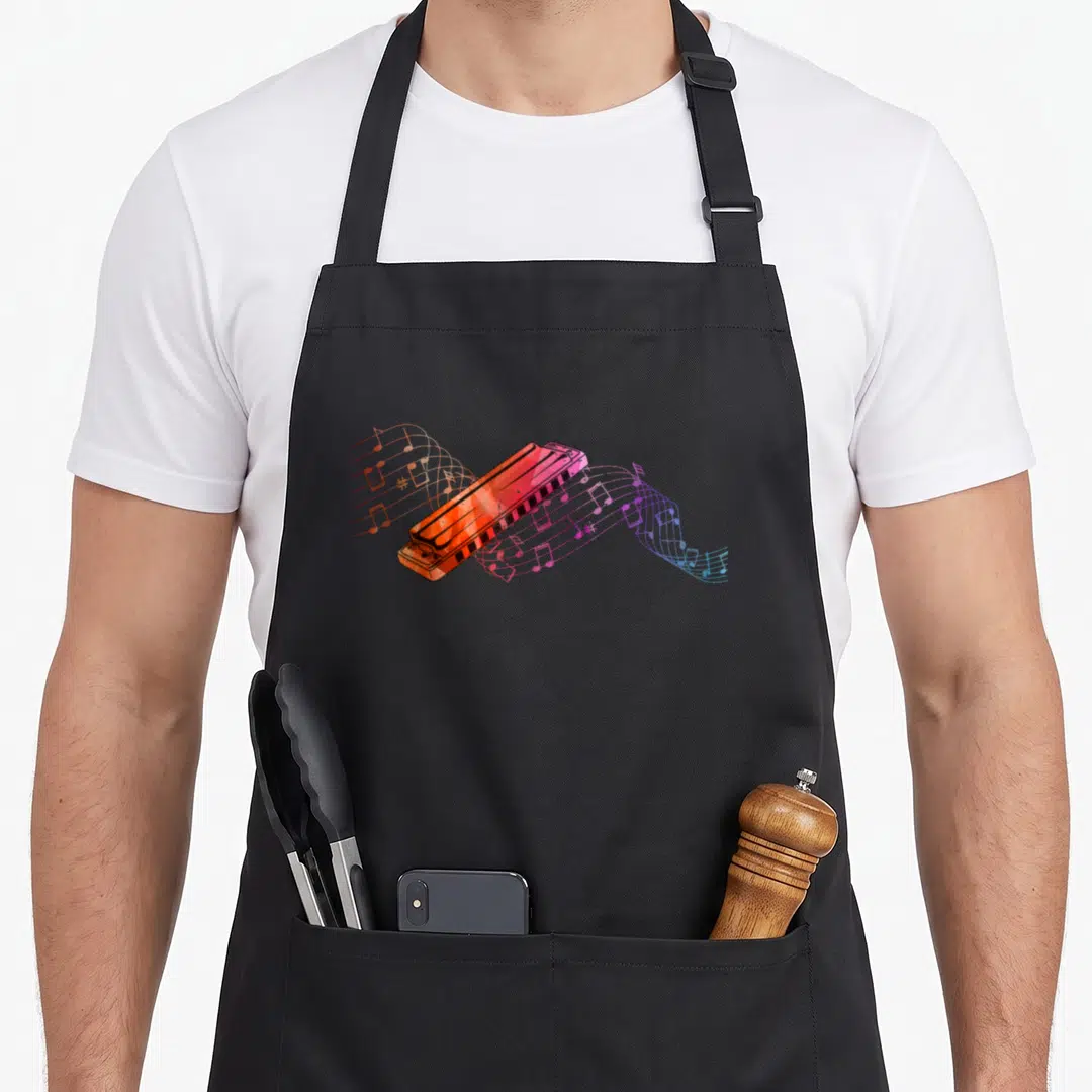 Music colourful apron - Watercolor harmonica with flowing orange red blue and purple musical notes — shown on a black cotton canvas apron against a white background