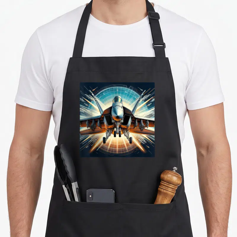 Hornet aviation apron - Realistic fighter jet facing forward over blue radar grid with orange light streaks — shown on a black cotton canvas apron against a white background