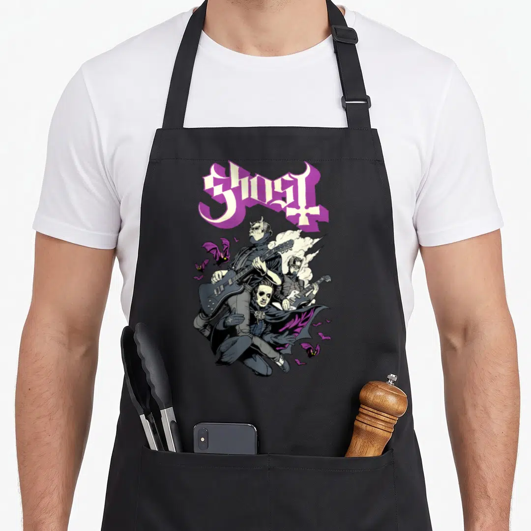 Ghost bat apron - Purple GHOST text above three costumed guitarists and purple bats in cartoon style — shown on a black cotton canvas apron against a white background