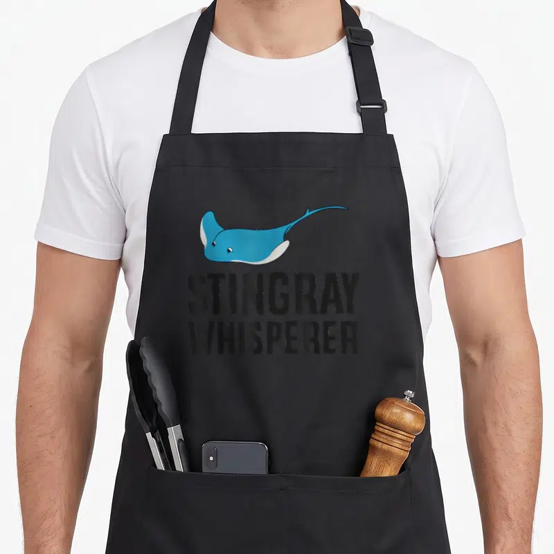 Stingray whisperer funny apron - Blue stingray illustration above stacked black text reading STINGRAY WHISPERER on grey — shown on a black cotton canvas apron against a white background