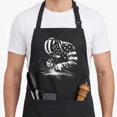Welder patriotic american flag apron - White line-art welder in profile wearing a helmet decorated with stars — shown on a black cotton canvas apron against a white background
