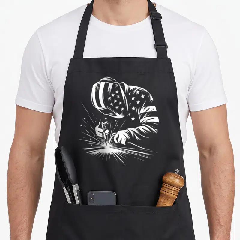 Welder patriotic american flag apron - White line-art welder in profile wearing a helmet decorated with stars — shown on a black cotton canvas apron against a white background