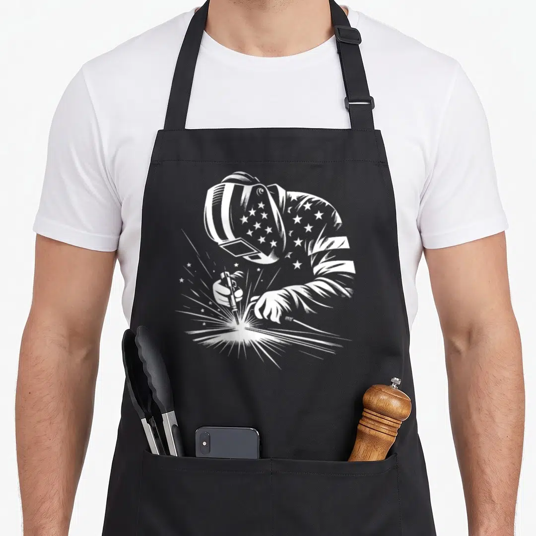 Welder patriotic american flag apron - White line-art welder in profile wearing a helmet decorated with stars — shown on a black cotton canvas apron against a white background