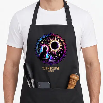 View cat apron - Cat silhouette and solar eclipse in purple blue orange pink above SOLAR ECLIPSE 04.08.24 text — shown on a black cotton canvas apron against a white background