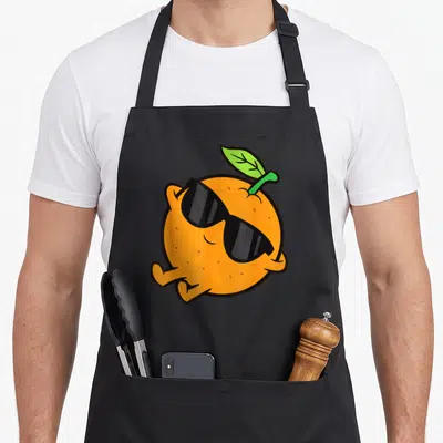 Relaxing fruit apron - Cartoon orange character with black sunglasses, green leaf, and limbs in a relaxing pose — shown on a black cotton canvas apron against a white background