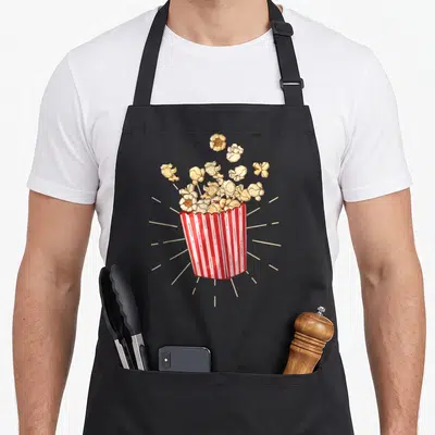 Fan popcorn apron - Red and white striped bucket with exploding popcorn and pale yellow rays — shown on a black cotton canvas apron against a white background