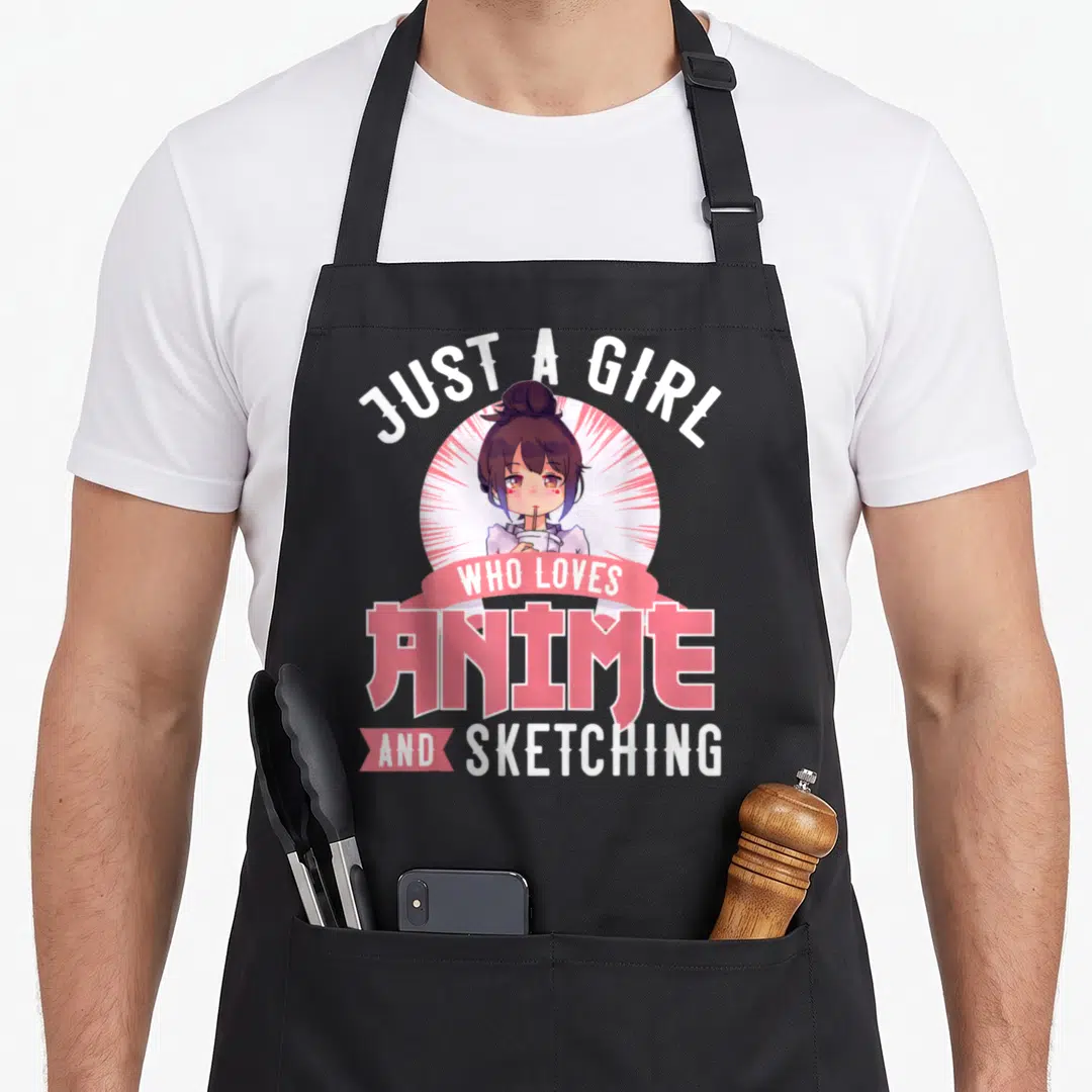 Sketching animation anime apron - Anime girl in pink sunburst with JUST A GIRL WHO LOVES ANIME AND SKETCHING text — shown on a black cotton canvas apron against a white background