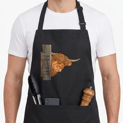 Scottish animal highland cow apron - Orange cartoon Highland cow head peeking from behind a brown wooden fence post — shown on a black cotton canvas apron against a white background