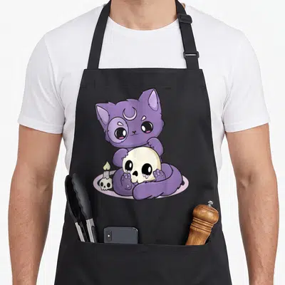Skull anime cooking apron - Purple cartoon cat holding large skull with moon on forehead and small candle — shown on a black cotton canvas apron against a white background