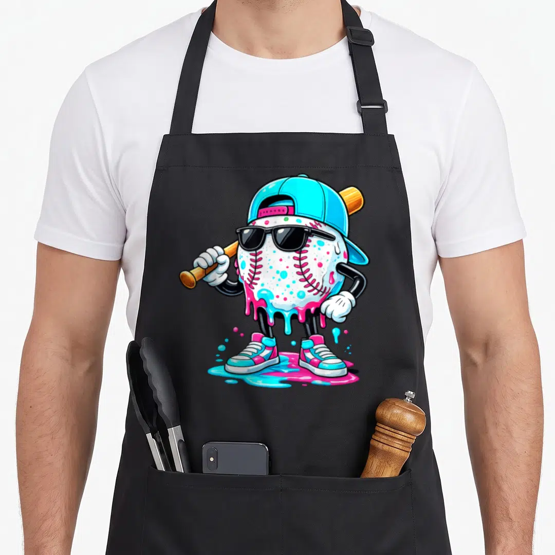 Lifestyle drip apron - Cartoon baseball mascot with sunglasses holding a bat, melting with pink and blue paint while — shown on a black cotton canvas apron against a white background