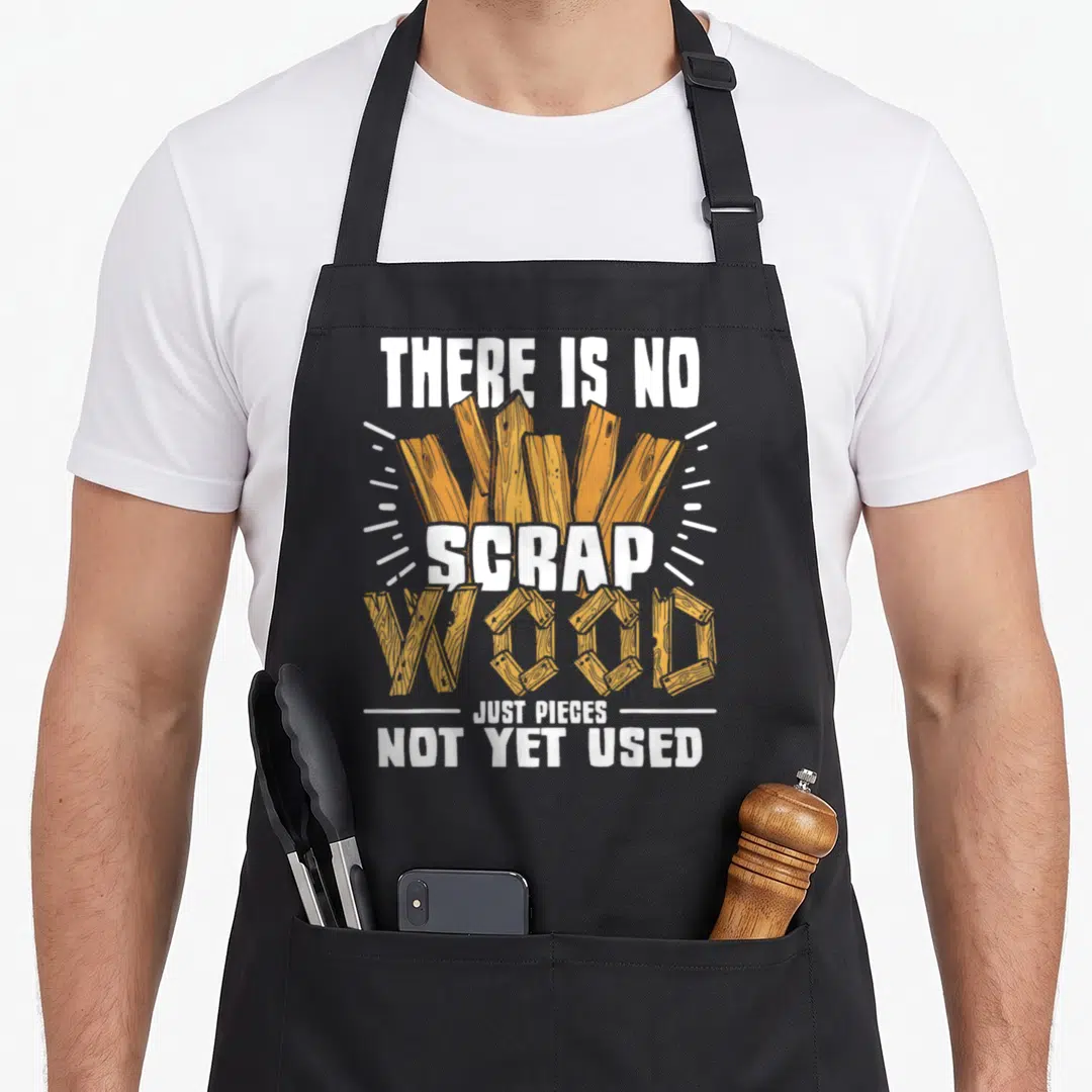 Scrap carpentry apron - Stacked white text and orange wood planks forming the word wood with radiating lines — shown on a black cotton canvas apron against a white background