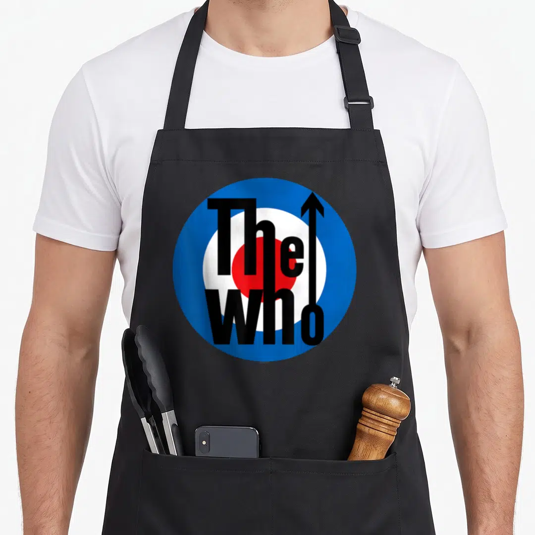 Funny target apron - Blue white red target with black The Who text and upward arrow — shown on a black cotton canvas apron against a white background